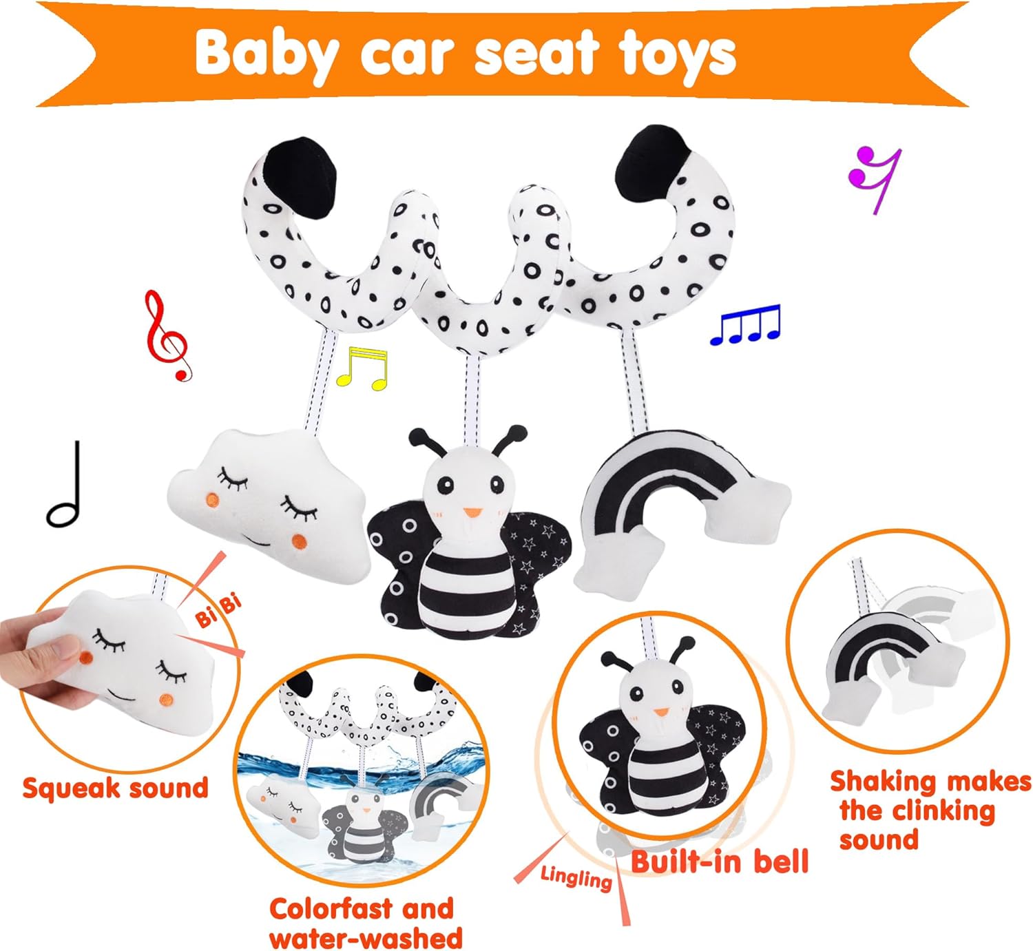 U-Zimikee 3 piezas de juguetes de asiento de automóvil, juguetes para bebés de alto contraste en blanco y negro, 0-3, 6-12 meses, juguetes