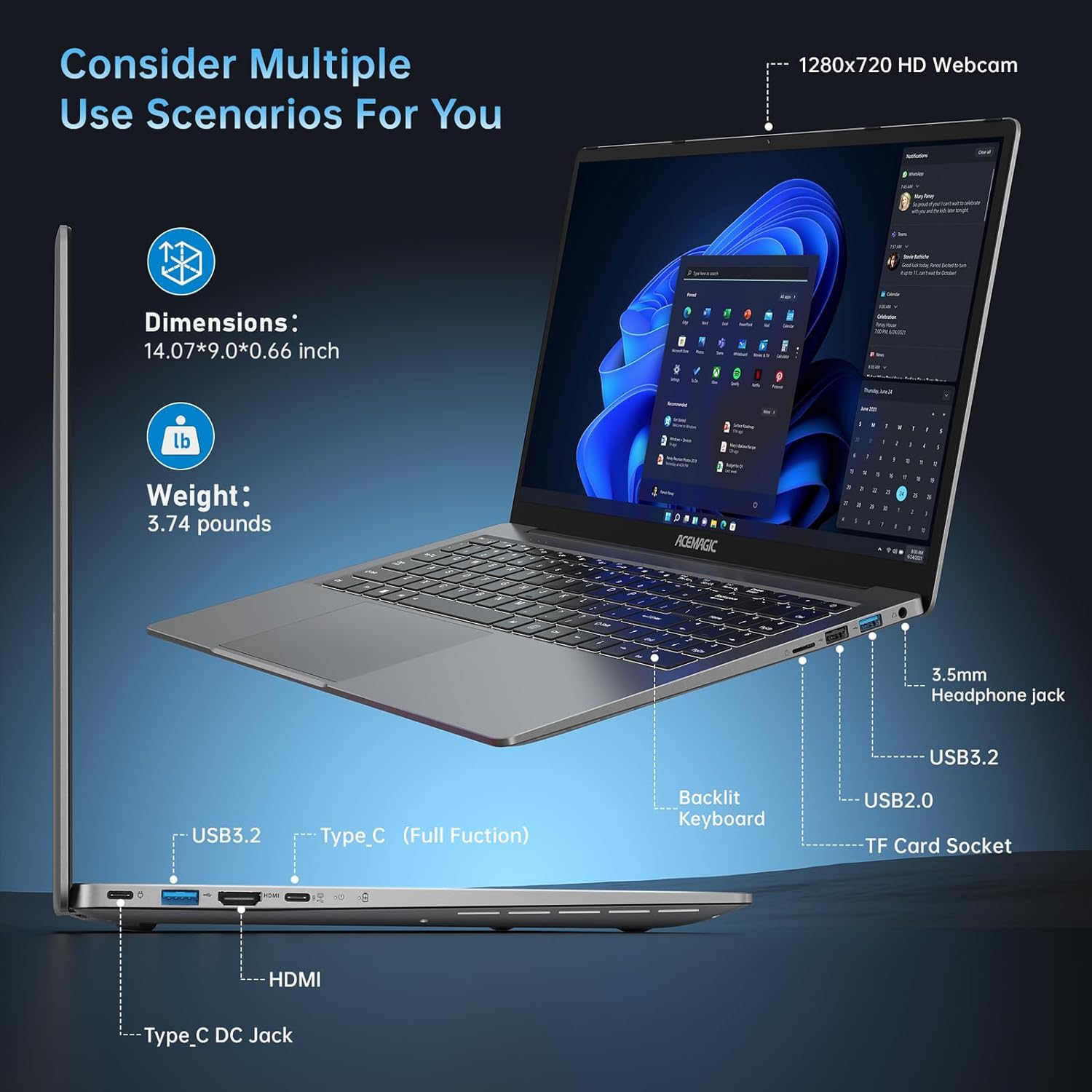ACEMAGIC Computadora portátil para juegos de 16.1 pulgadas, AMD Ryzen 7 5700U (Beats i7-1265U) computadora portátil con 16 GB DDR4 512 GB NVMe SSD,