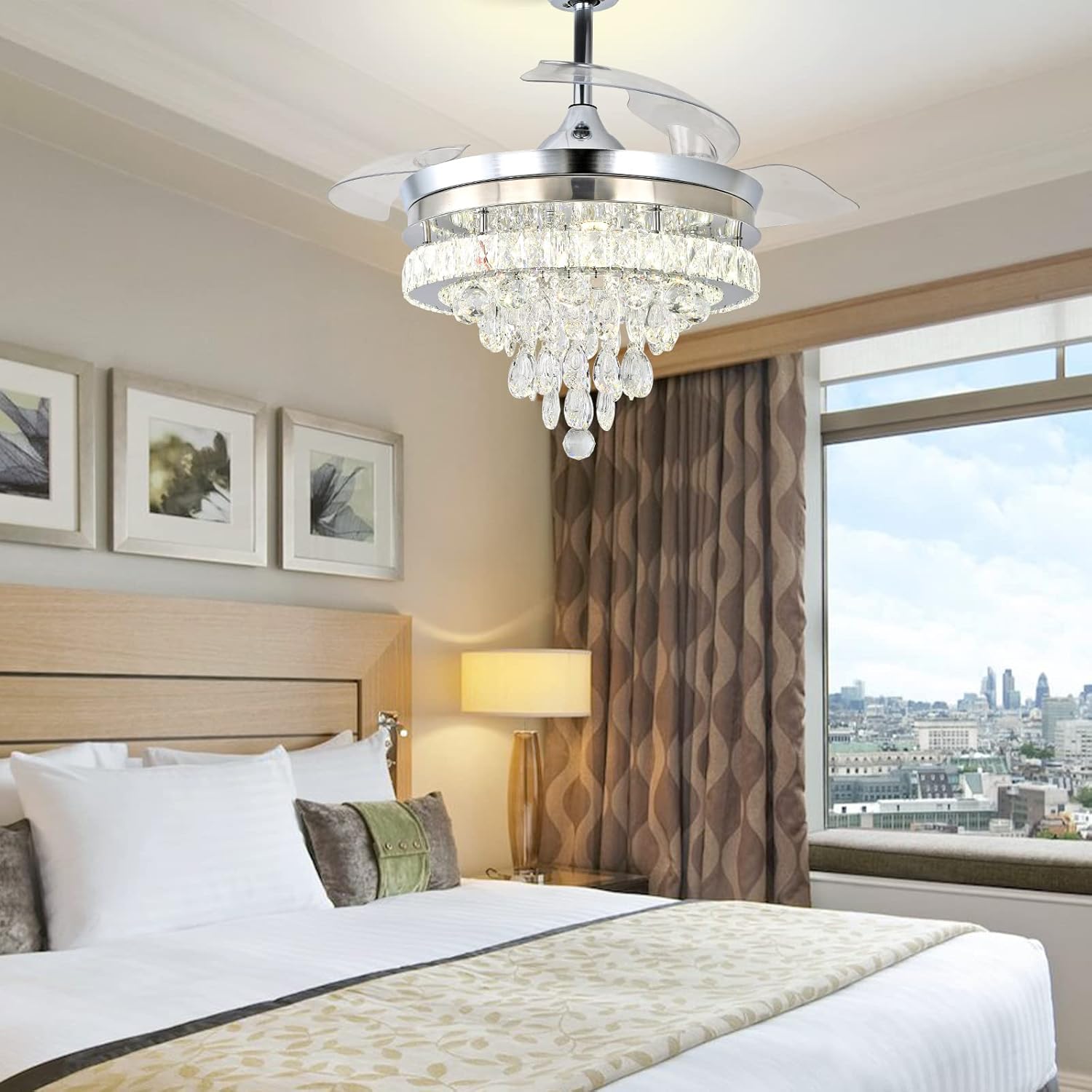 Finktonglan Ventilador de techo moderno de cristal de 42 pulgadas con luces con control remoto, ventilador de techo retráctil con luz LED empotrada,
