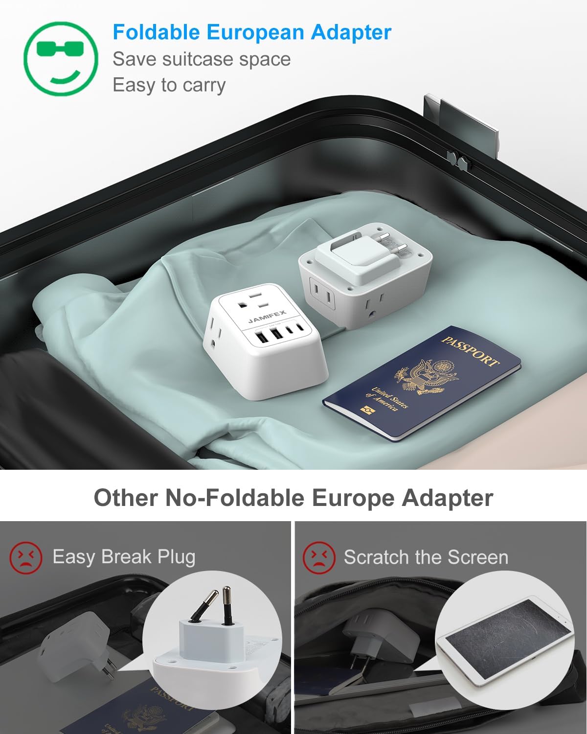 Adaptador de enchufe de viaje europeo plegable, adaptador de enchufe de alimentación internacional JAMIFEX con 4 tomas, 4 puertos USB (2 USB-C),