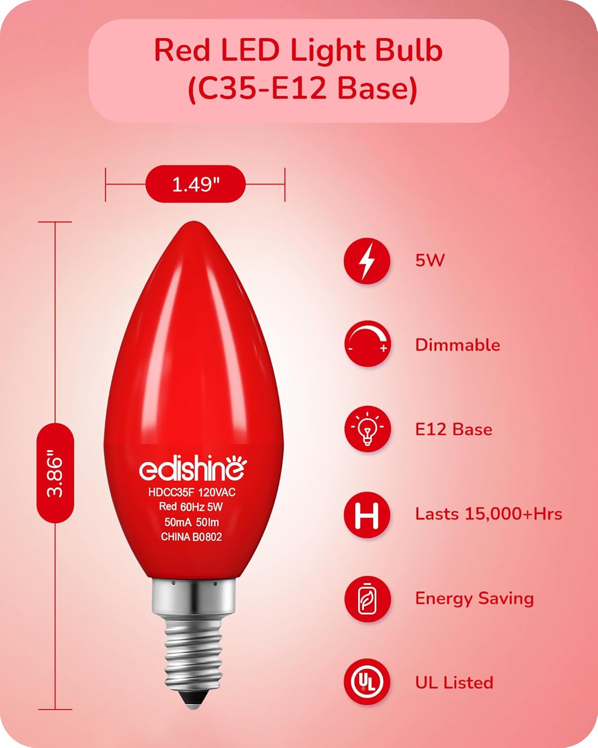 EDISHINE Bombilla roja regulable, bombillas de candelabro C35 E12, equivalente a 60 W, bombilla LED para candelabro, bombilla de vela vintage,