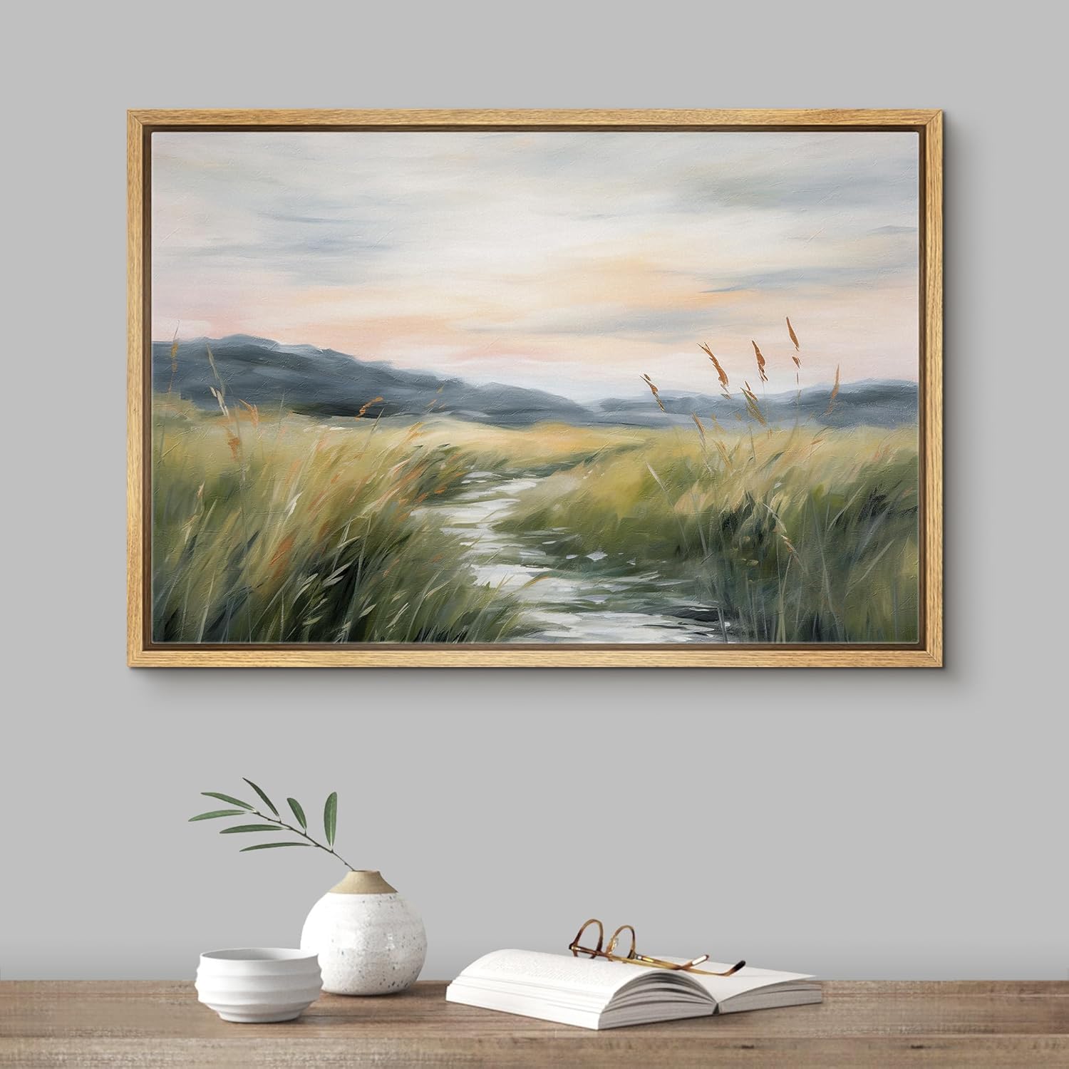 SIGNFORD Lienzo enmarcado para pared, puesta de sol, montaña, pantano, pantano, río, lago, naturaleza, ilustraciones de área silvestre, arte