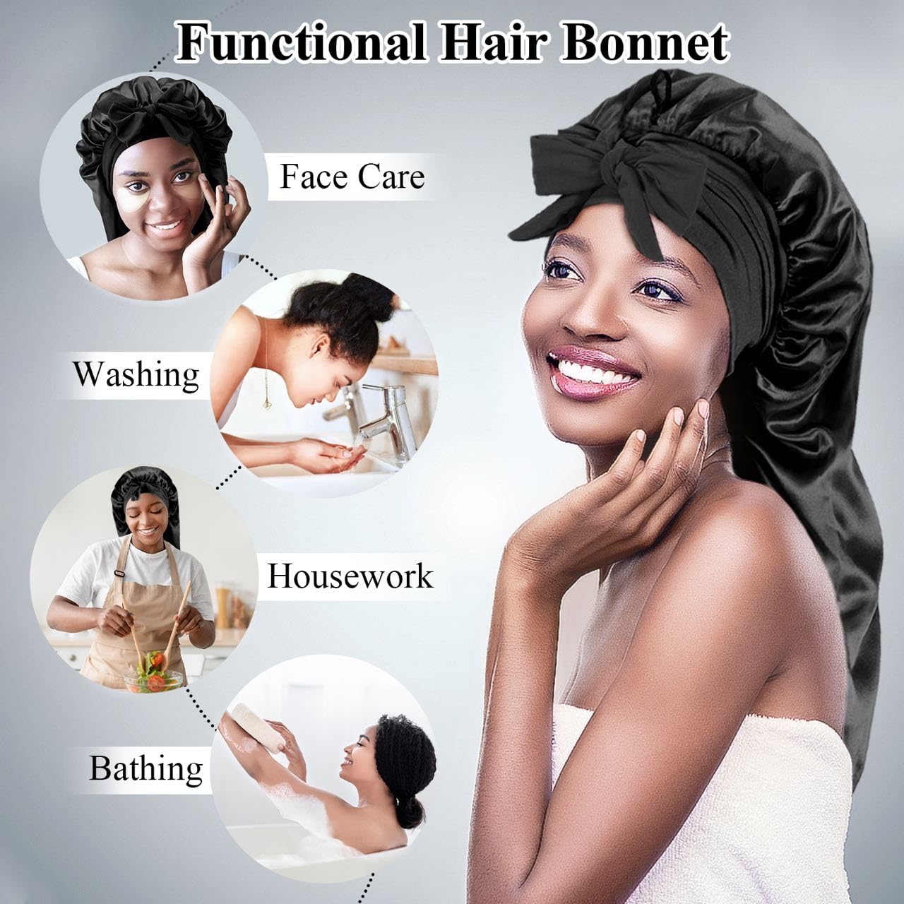 Babalet Gorro de seda para dormir, gorro de satén plegable extra largo con banda de amarre elástica para mujeres negras, accesorio para el cabello