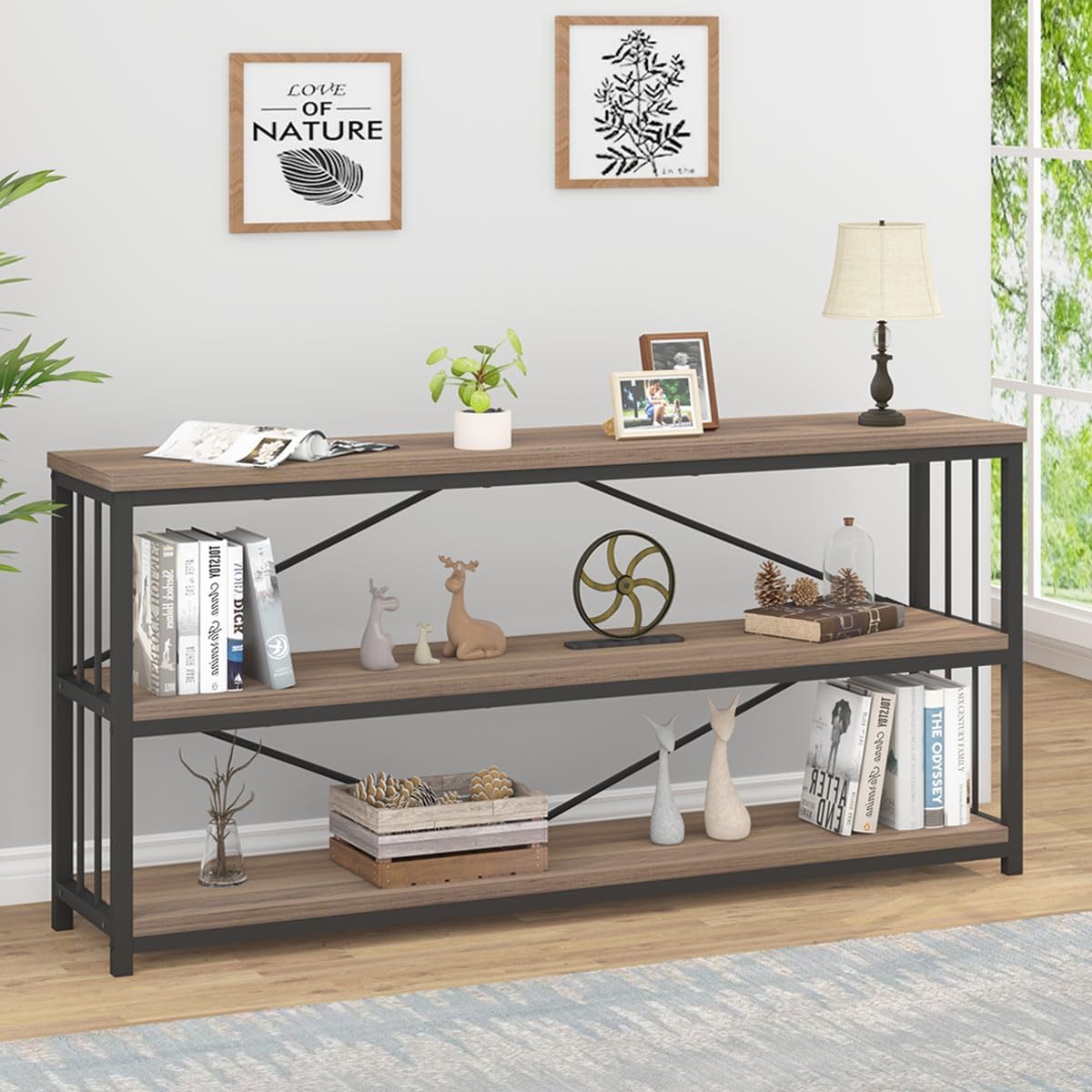 IBF Estantería industrial de 3 niveles, estantería rústica de madera baja y metal, estantería horizontal abierta larga de ancho, moderno y grande