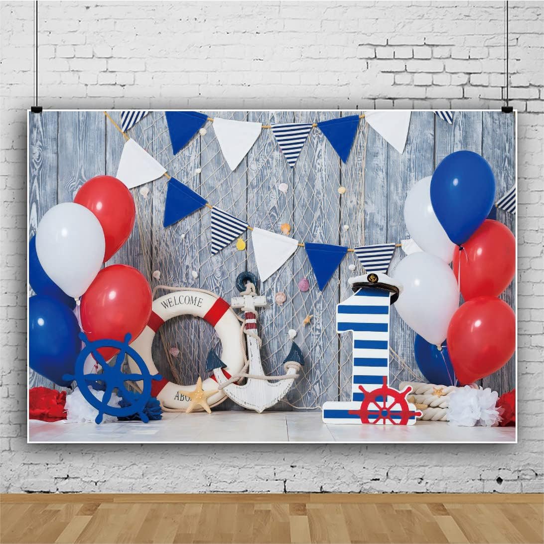 Yeele Telón de fondo de 10 x 6.5 pies para niño de primer cumpleaños, globos azules, blancos y rojos, ancla de madera para fotografía, tema náutico