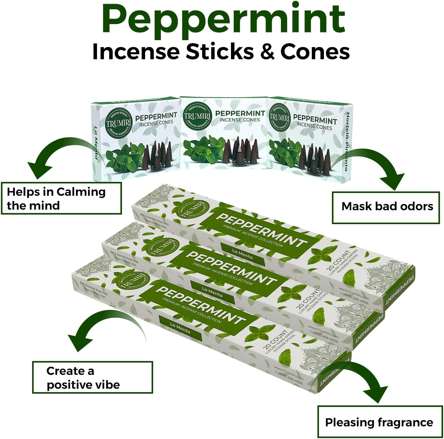 Paquete combinado de palitos de incienso de menta y conos de incienso, 60 varillas de incienso + 30 conos de insencia, incienso perfumados, insents