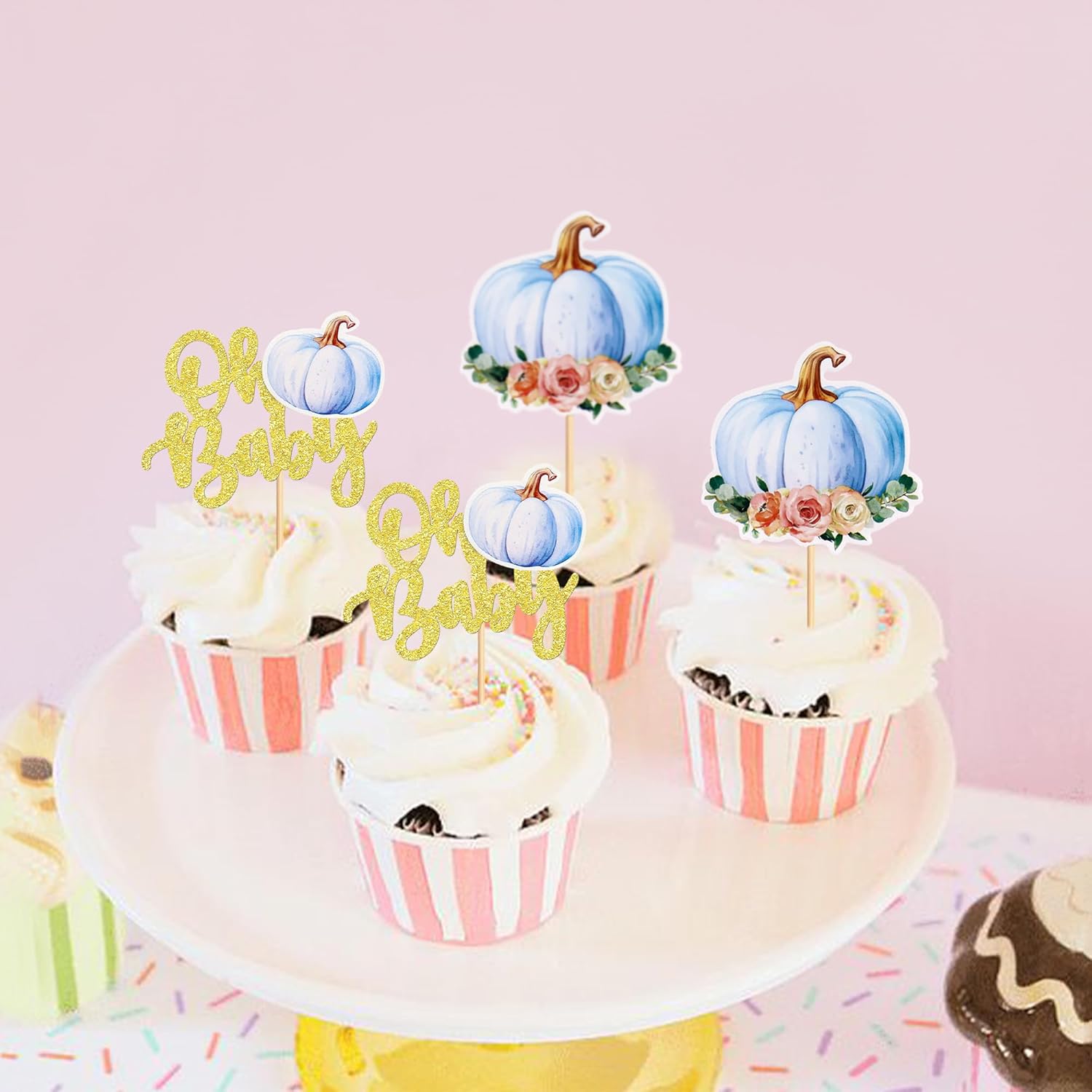 24 piezas Oh Baby Pumpkin Cupcake Toppers Glitter Pumpkin Cupcake Picks Little Pumpkin Baby Shower Decoraciones Oh Baby Shower Tema de Cosecha de