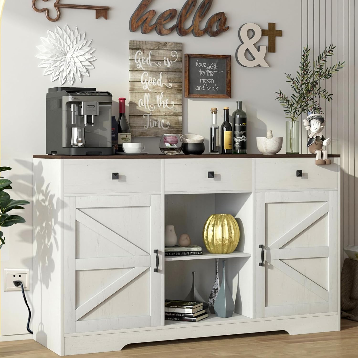 Gabinete de café blanco, gabinete de almacenamiento de bufé de cocina de 54 pulgadas con puertas y cajones, aparador de granja, mesa de bufé,