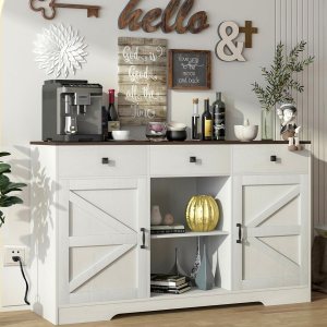 Bolonbi Gabinete de café blanco, gabinete de almacenamiento de bufé de cocina de 54 pulgadas con puertas y cajones, aparador de granja, mesa de Bolonbi Gabinete de café blanco, gabinete de almacenamiento de bufé de cocina de 54 pulgadas con puertas y cajones, aparador de granja, mesa de