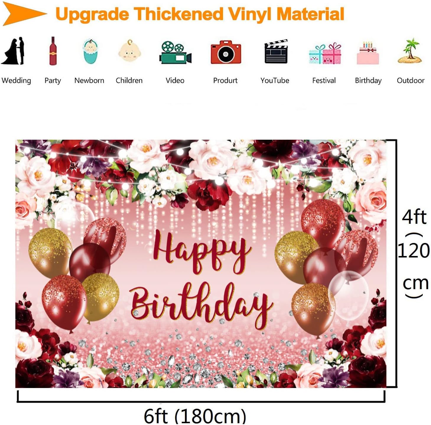 InMemory Telón de fondo floral burdeos de feliz cumpleaños para mujer, globos de oro rosa con purpurina, fondo de fotografía de cumpleaños, flor