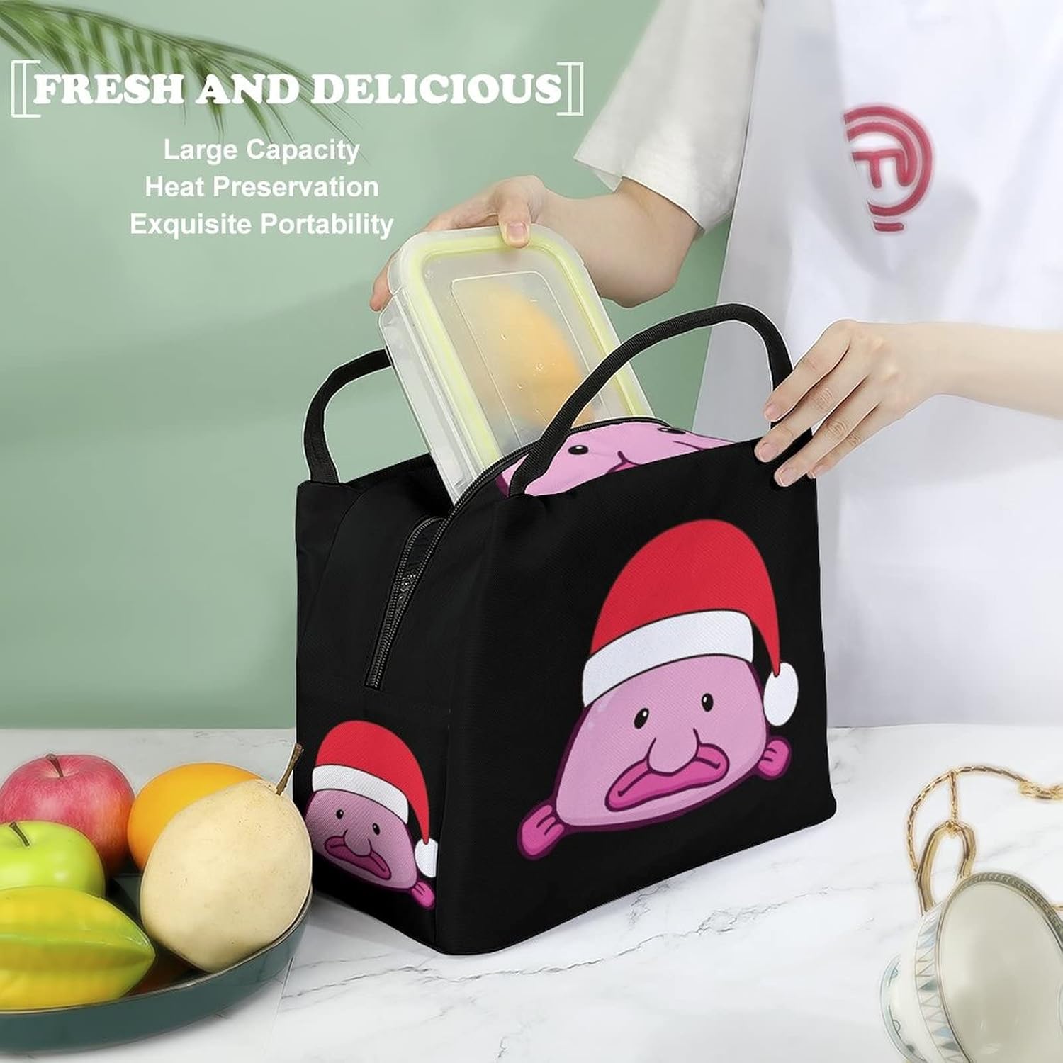 Divertida bolsa de almuerzo térmica con aislamiento térmico de Santa Blobfish para hombres y mujeres, trabajo, picnic y viajes