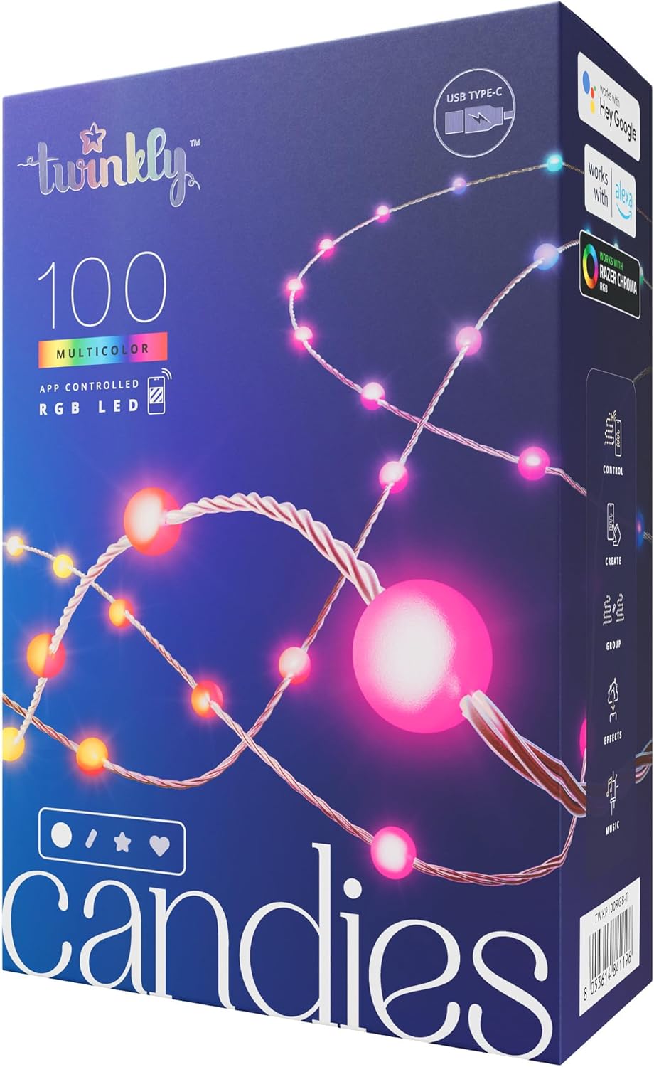 Twinkly Candies – Cadena de luces LED en forma de vela controlada por aplicación, 100 RGB (16 millones de colores) 6 M19.7 pies. Cable transparente.