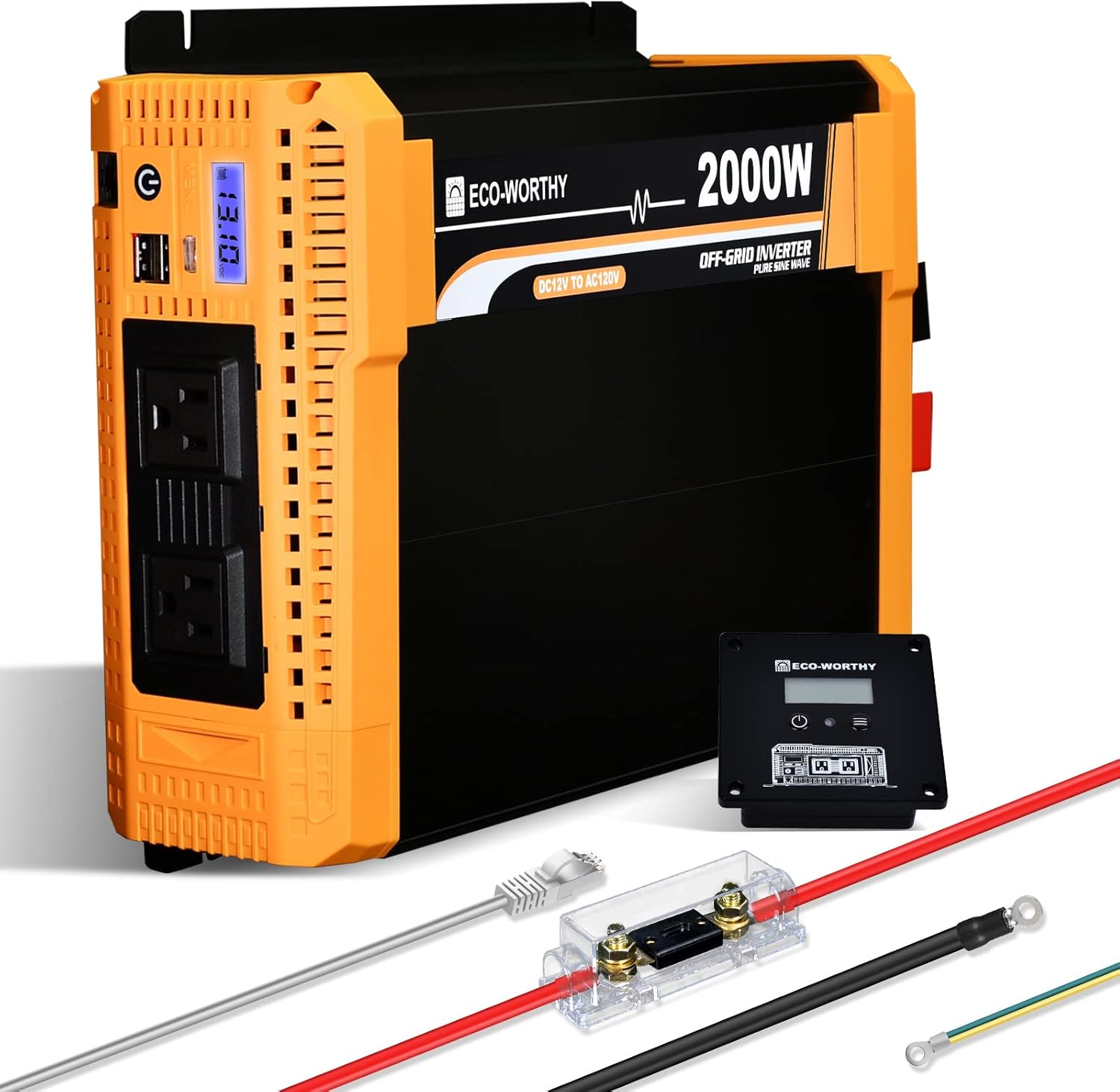ECO-WORTHY Inversor solar de onda sinusoidal pura de 2000 W, convertidor de 12 V CC a 120 V CA para el hogar, caravana, camioneta. Puerto USB dual