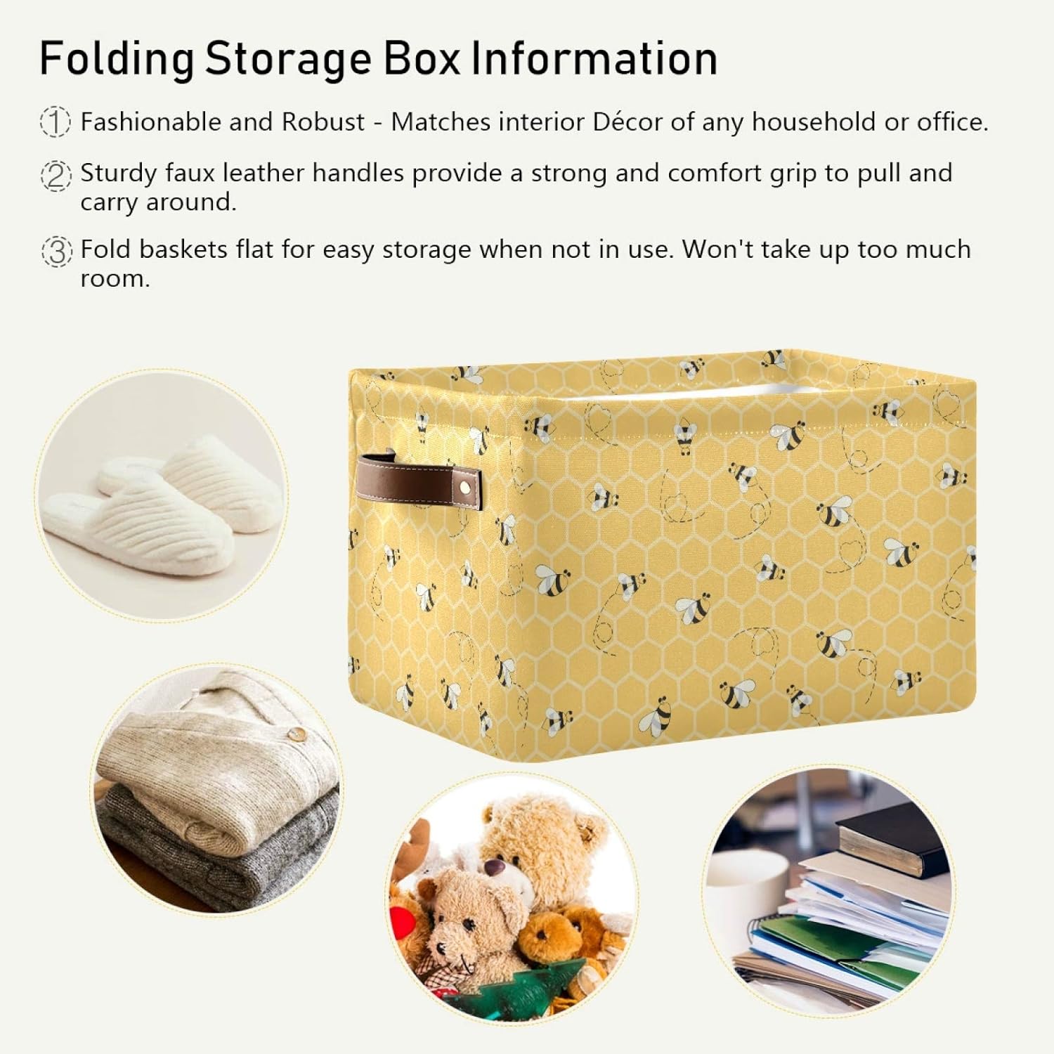 Linda cesta de almacenamiento cuadrada de abeja de animales, cesta organizadora comprimible de tela con asa para dormitorio, guardería, oficina, 1