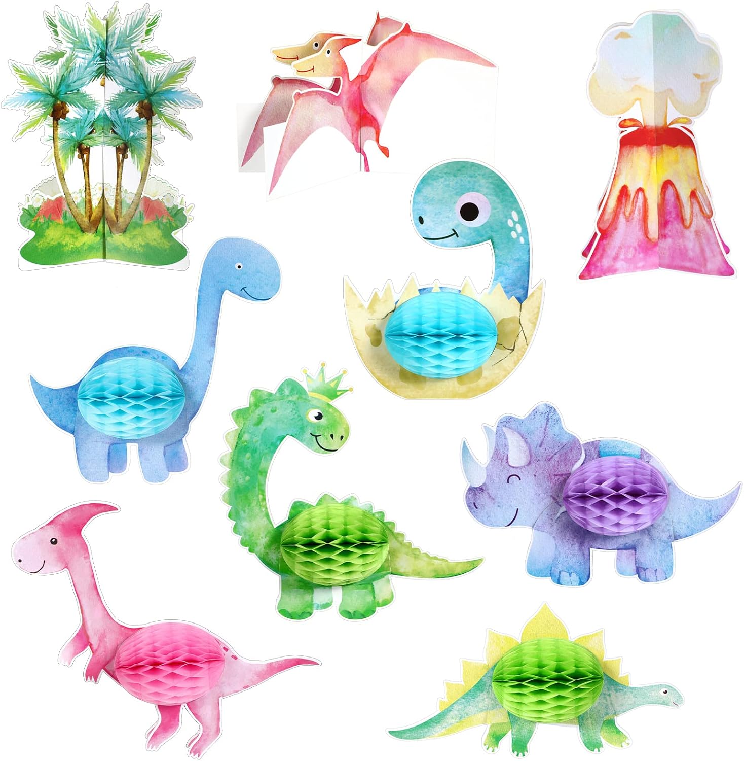 Hotop 9 piezas de centro de mesa de dinosaurio en acuarela rosa para fiesta de dinosaurio pequeño, suministros de cumpleaños, decoración de baby