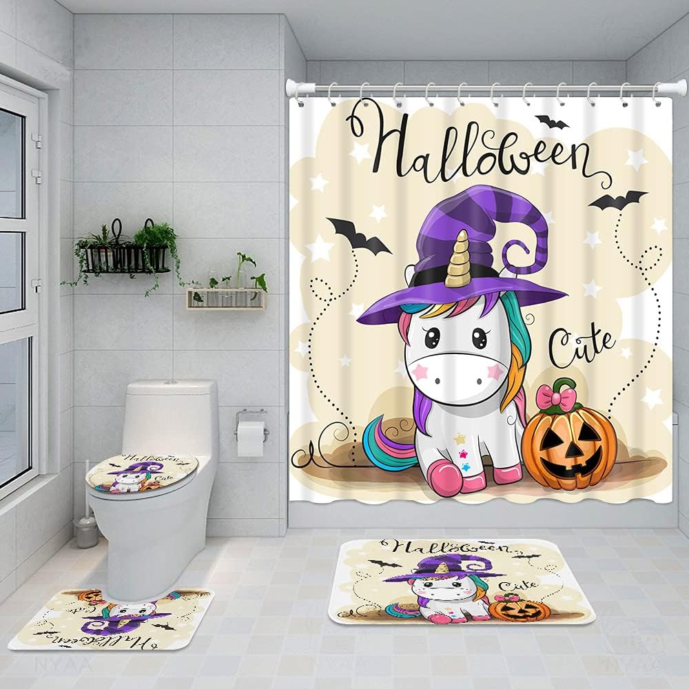 Britimes Juego de 4 cortinas de ducha de unicornio con alfombras, juego de baño con alfombra antideslizante, tapa de inodoro y 12 ganchos, 72 x 72