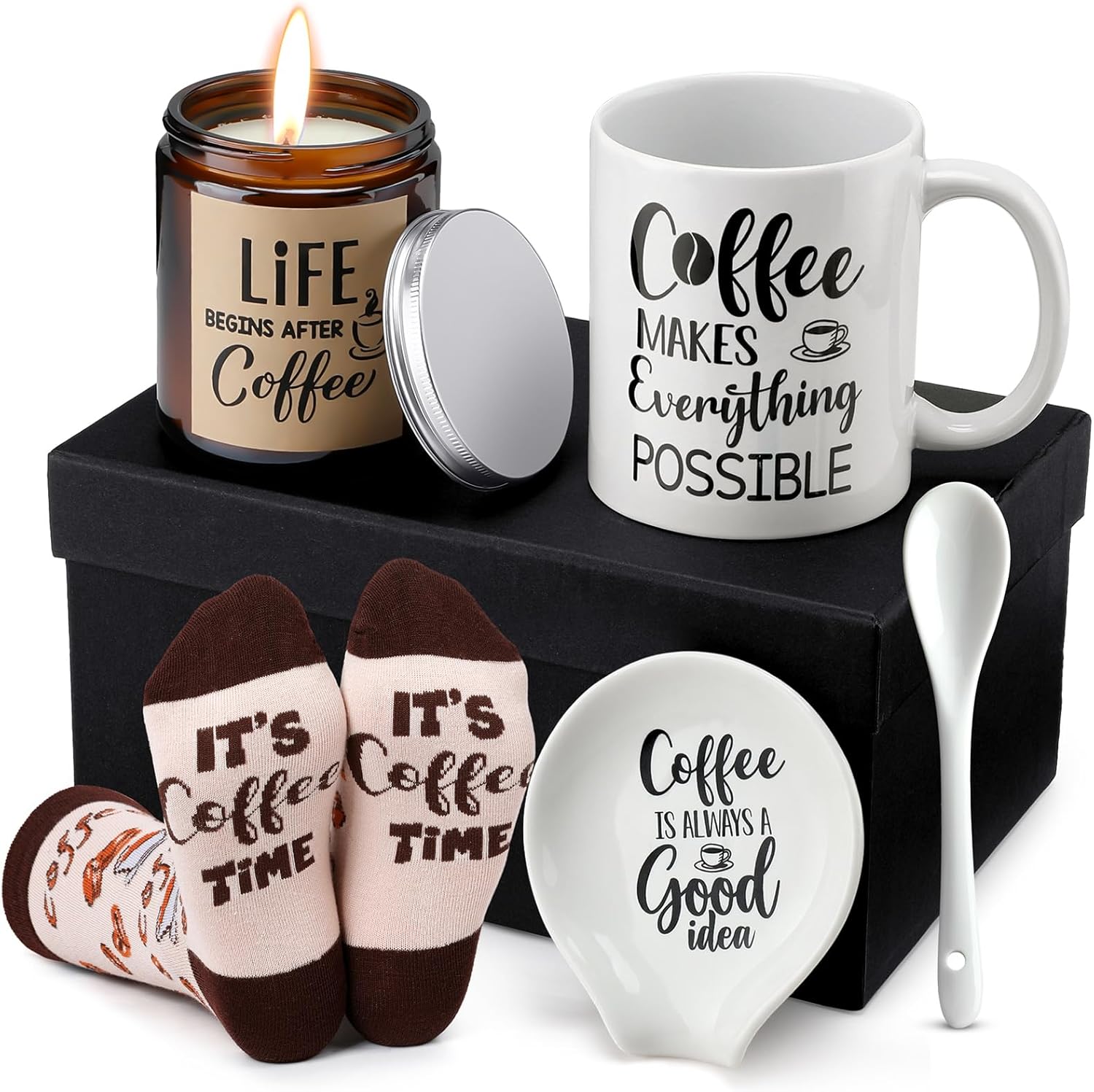 Juego de regalo de 5 piezas para amantes del café, incluye taza de café y soporte para cuchara, velas temáticas de café, calcetines de café, caja de