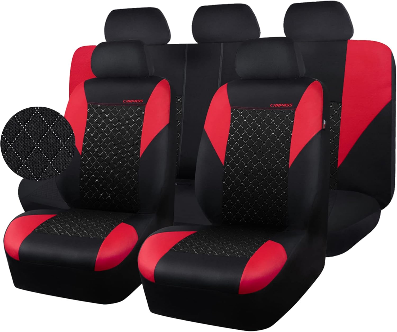 CAR PASS Juego completo de fundas de asiento de tela de estampado ultrasónico universal, color rojo, transpirable, con esponja compuesta de 0.197 in