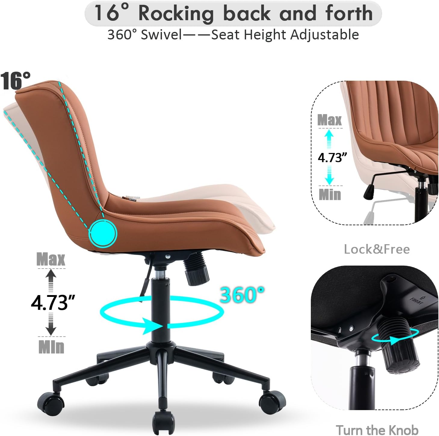 YOUNIKE Silla de oficina giratoria sin brazos de cuero con ruedas, silla de computadora tapizada ajustable con respaldo reclinable y giratorio,