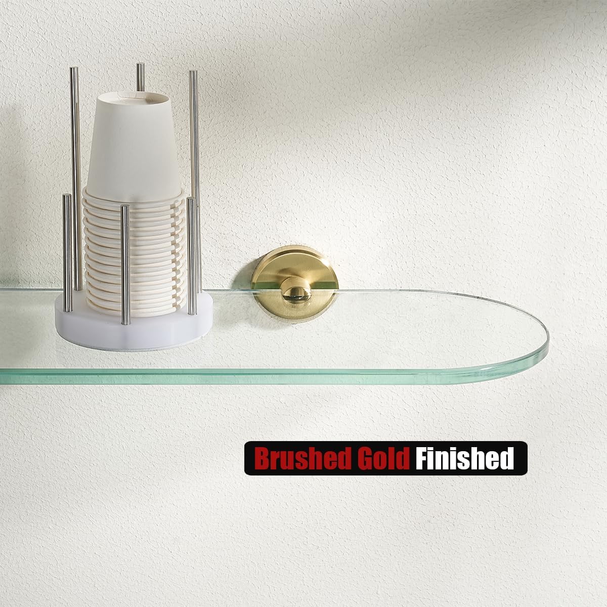 JQK Estante de vidrio para baño dorado, almacenamiento de ducha de vidrio templado de 12 x 5 pulgadas, montaje de pared dorado cepillado de acero