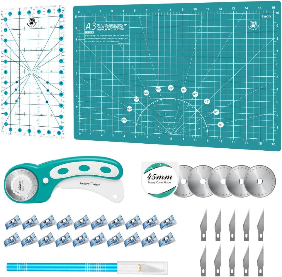 Headley Tools Juego de cortadores rotativos  Cortador de tela de 1.772 pulgadas, 5 cuchillas giratorias adicionales, alfombrilla de corte A3, regla