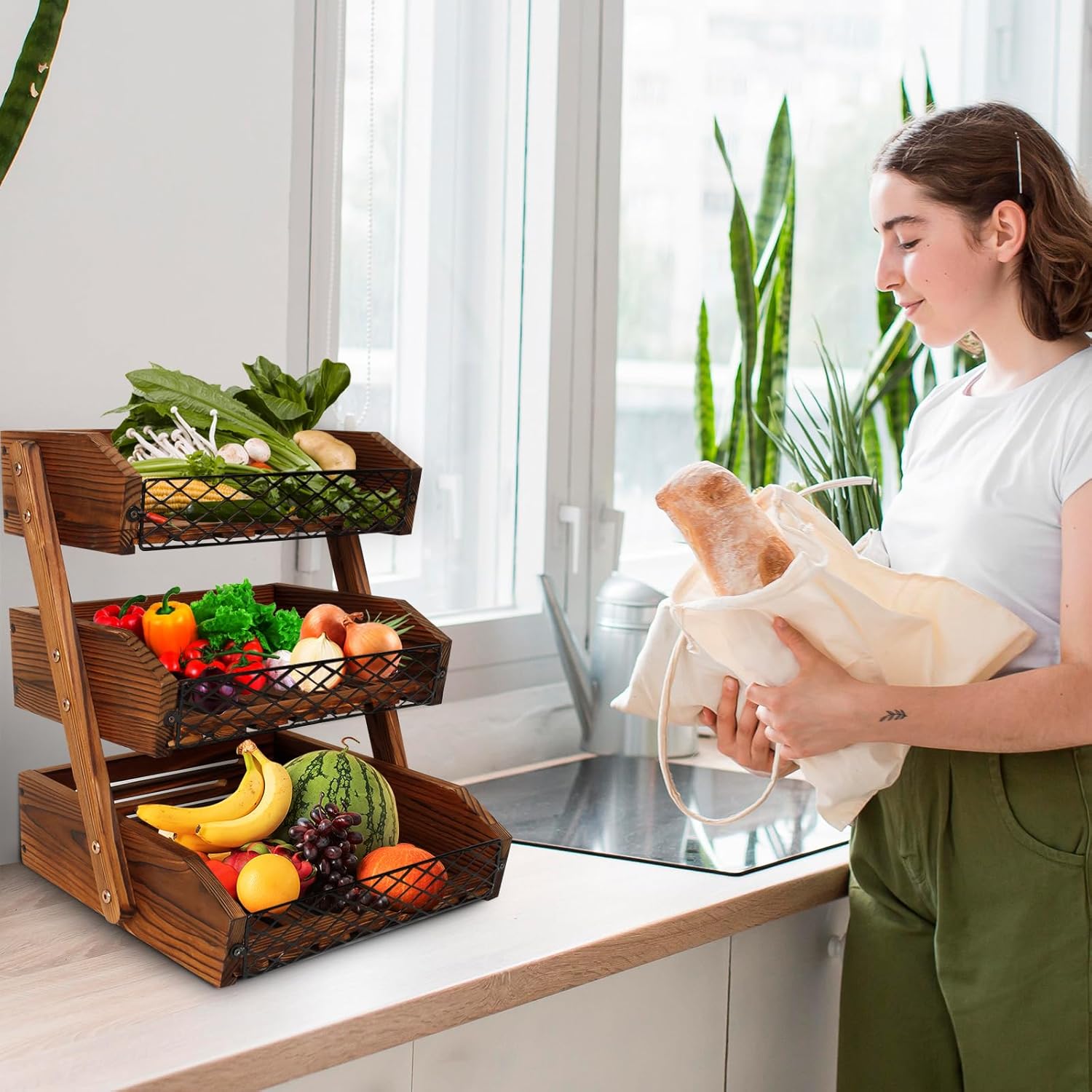 Cesta de fruta de madera para cocina, frutero multifuncional de 3 niveles, soporte de fruta de madera para encimera de cocina ordenar encimeras y