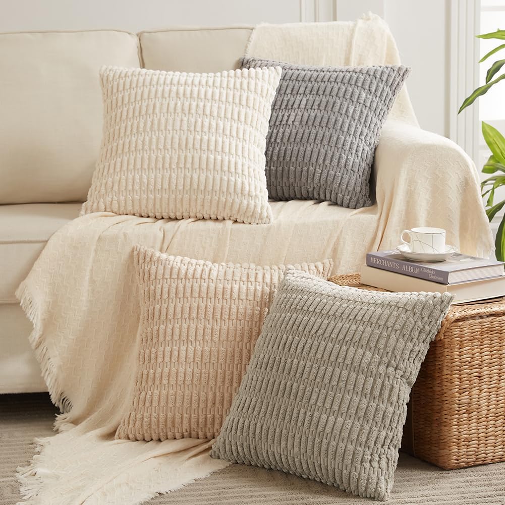Fancy Homi Paquete de 4 fundas de almohada decorativas neutras de 22 x 22 pulgadas para sala de estar, sofá, cama, sofá, rústico, bohemio,