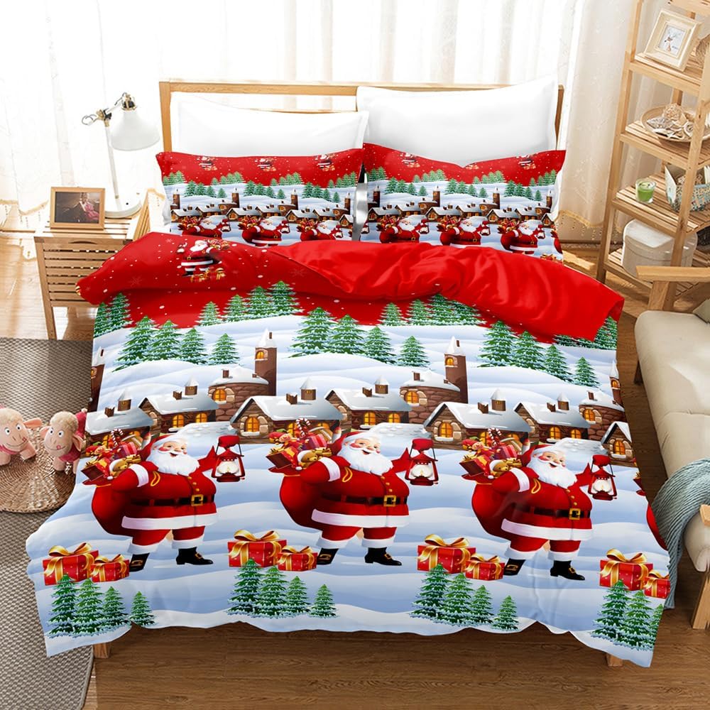 Juego de funda de edredón con estampado de paisaje de Navidad, diseño de Papá Noel, alce, trineo, muñeco de nieve, juego de ropa de cama para niños