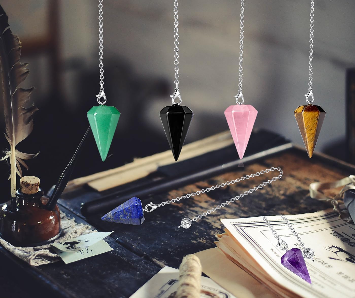 DUQGUHO Juego de 6 piezas de péndulo de cristal, accesorios Wiccan, herramientas de adivinación, cristales curativos naturales, colgantes de piedras