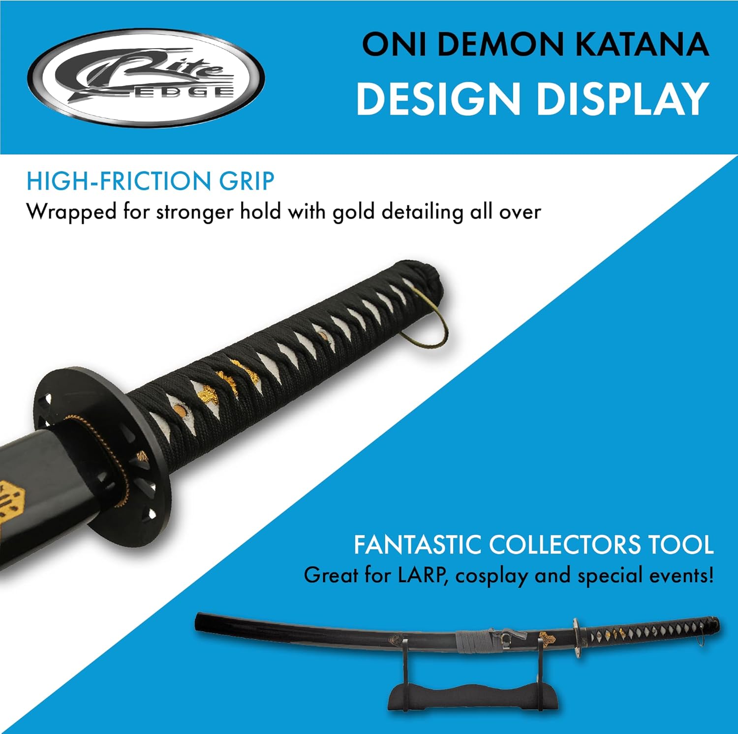 Katana Oni de acero al carbono negro de 40 “con soporte de exhibición de madera