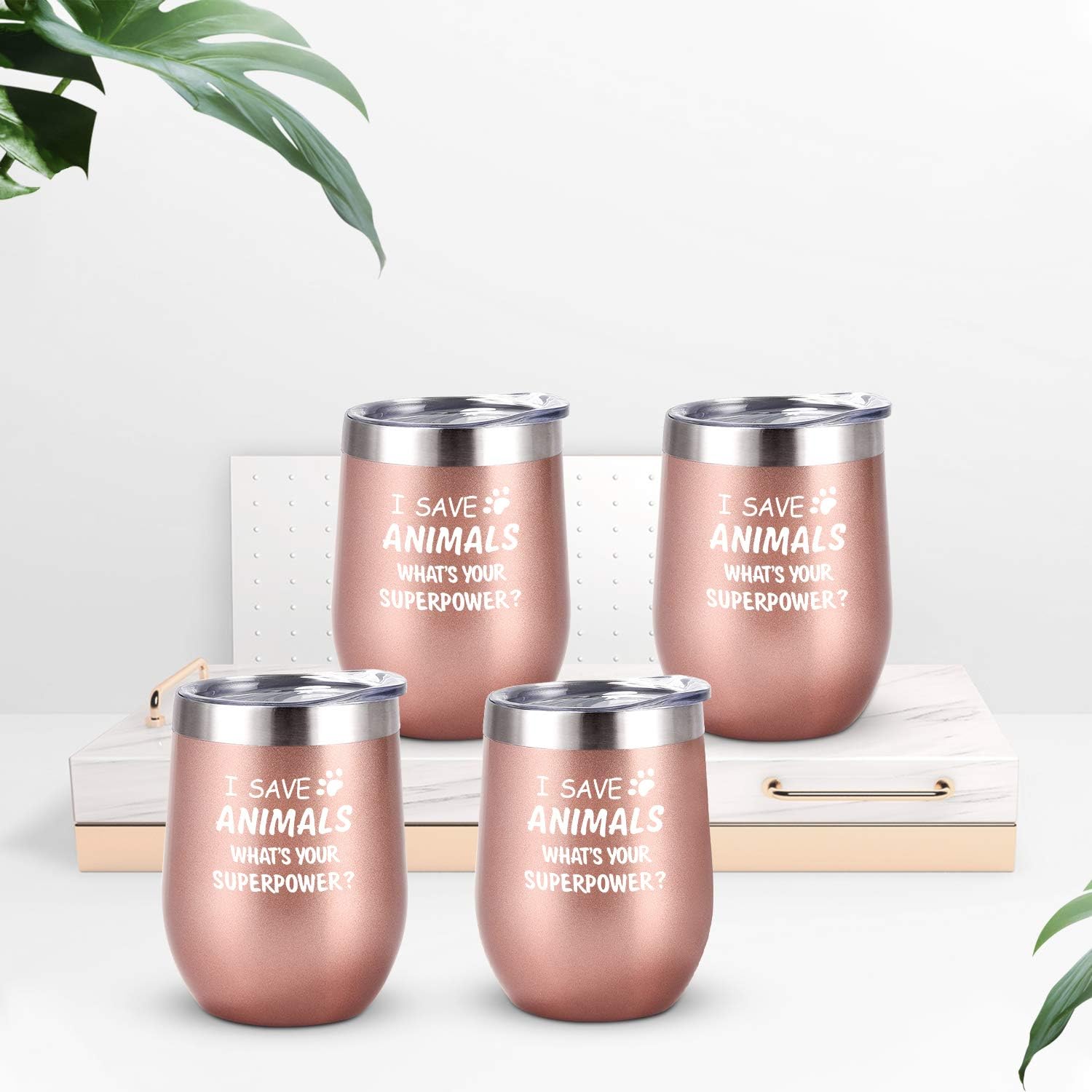 Paquete de 4 vasos de vino con tapa con texto en inglés “I Save Animals, Whats Your Superpower”, de acero inoxidable, ideas de cumpleaños y Navidad