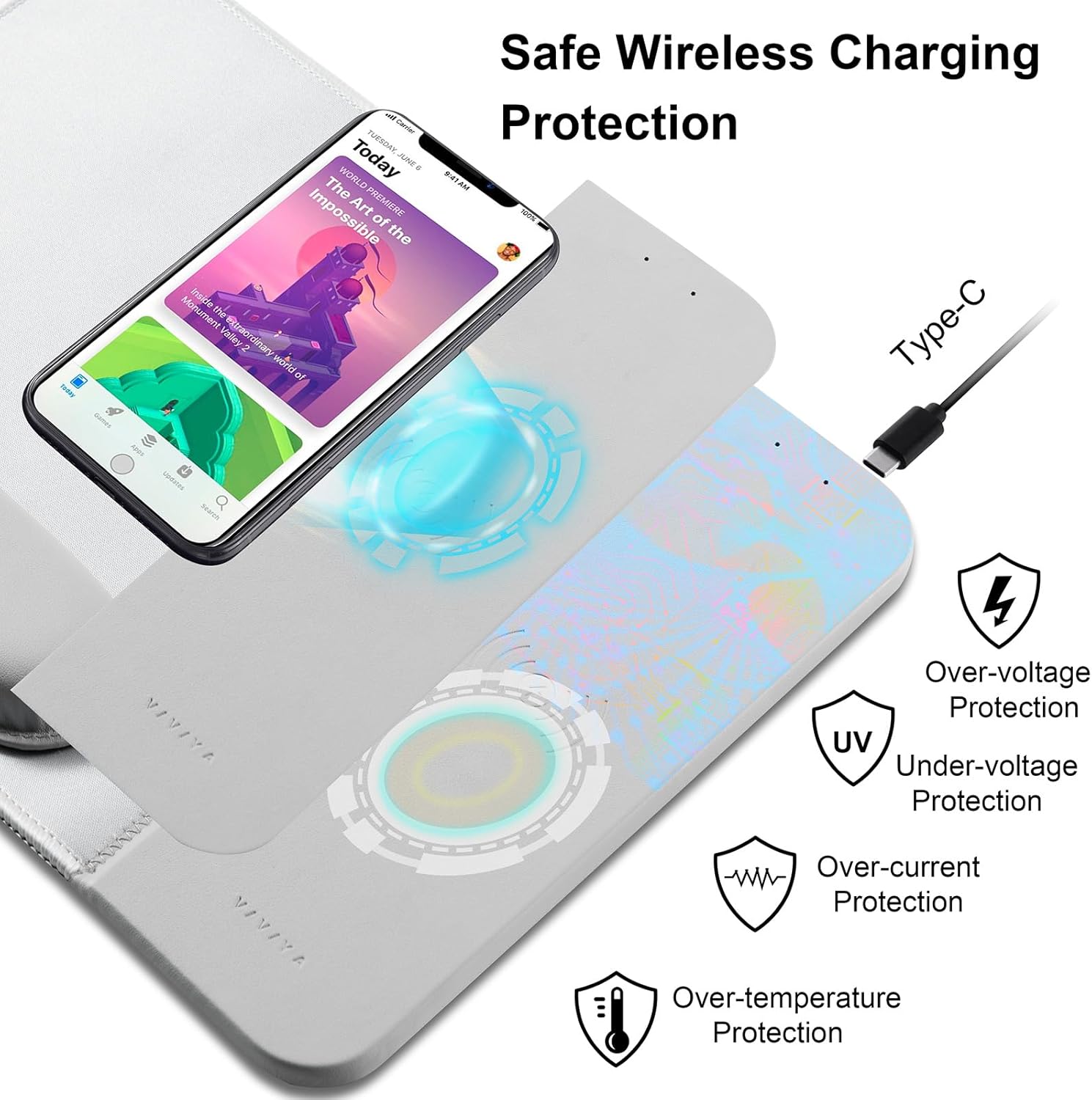 VIVIYA Alfombrilla de mouse de carga inalámbrica de 15 W con soporte de muñeca desmontable y adaptador de corriente de 20 W, cargador de teléfono
