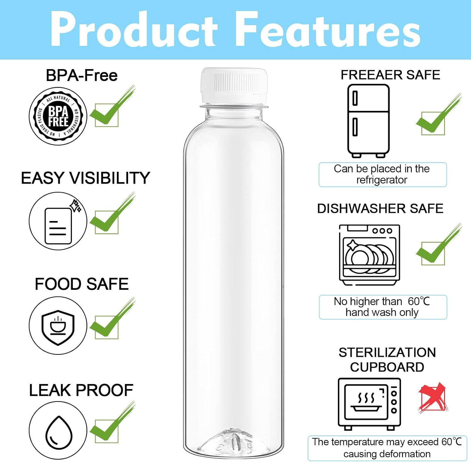 200 botellas de jugo para jugo, botellas de plástico para jugo con tapas, botellas transparentes a granel con tapas, botellas de PET vacías