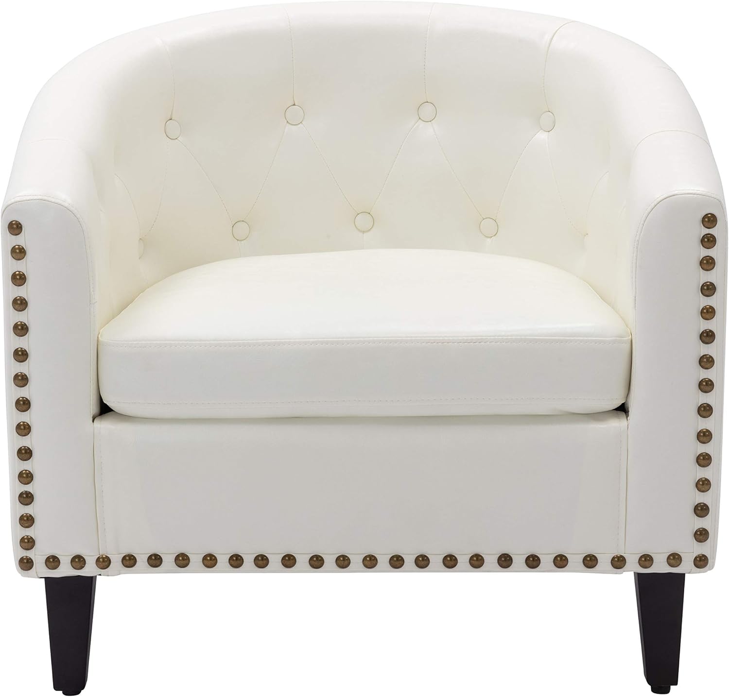 Elegant Upholstered Tufted Barrel Accent Chair PU Leather Rivet Club Armchair for Living Room Bedroom with Sturdy Legs (White)