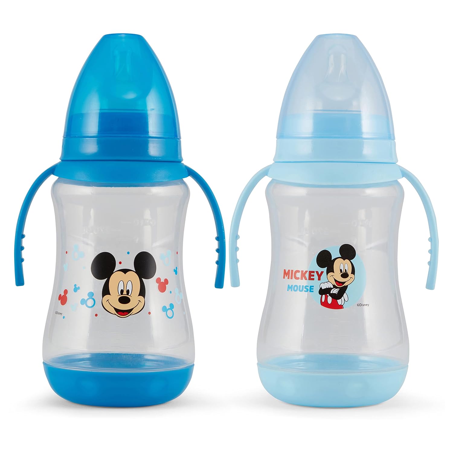 Disney Paquete de 2 biberones de 10 onzas con estampados de personajes y fundas de colores con doble asa, sin BPA y fácil de limpiar