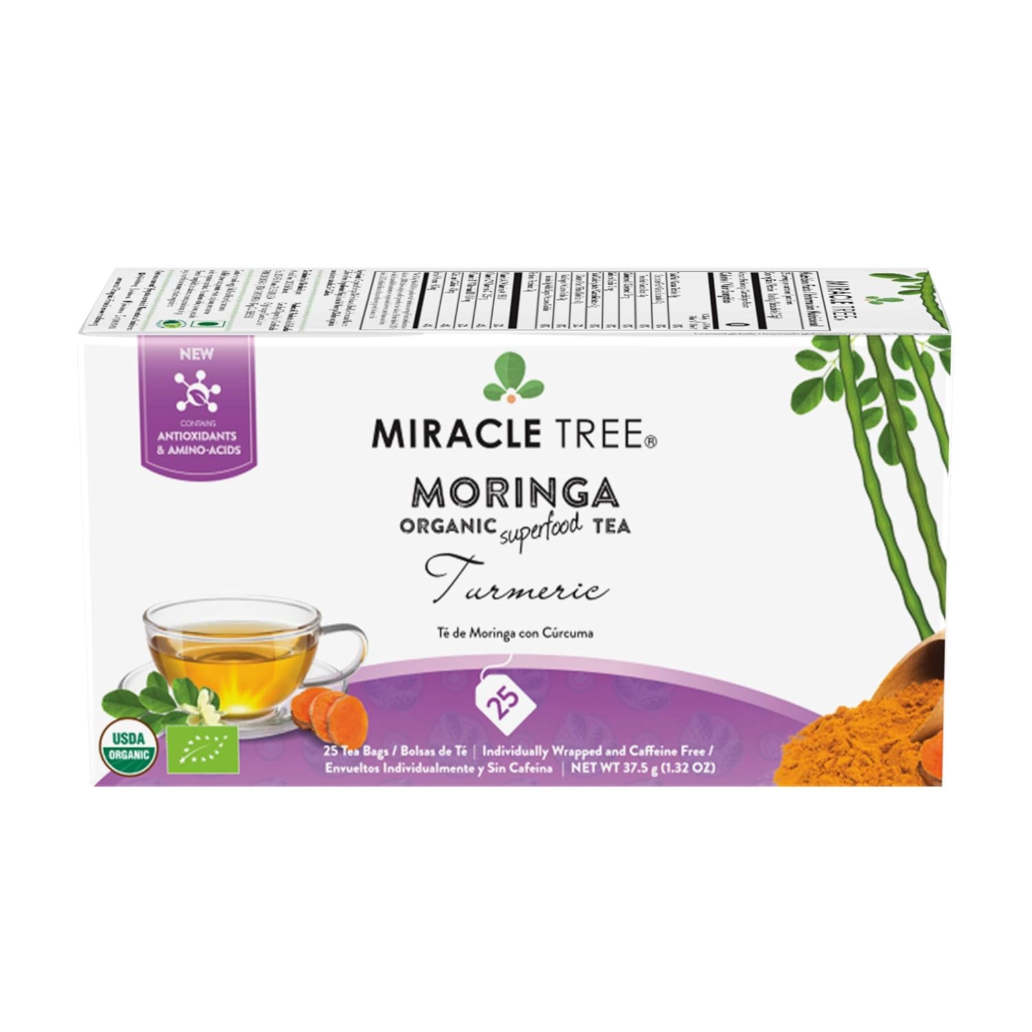 Miracle Tree – Té de moringa orgánico, superalimento, 25 sacos de té individuales sellados.