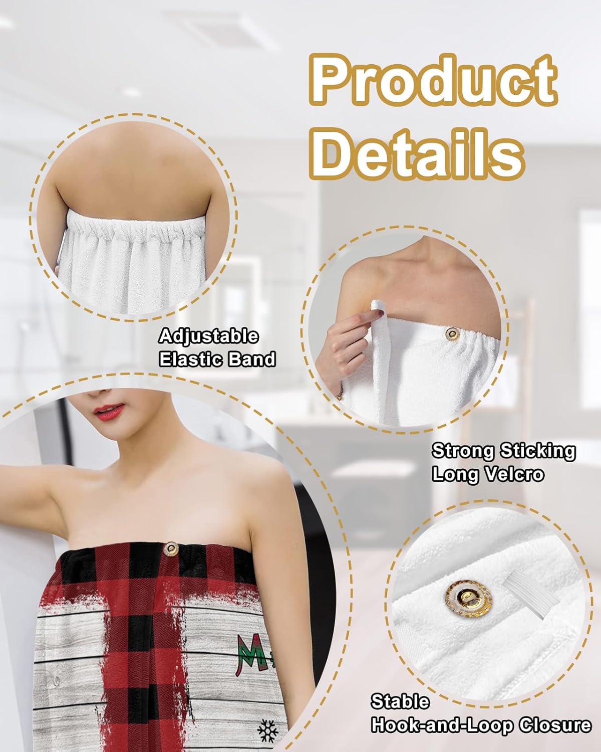 Shower Wrap Robe for Women Bath Body Towel Wrap Spa Merry Christmas Soft Absorbent Bathrobe with Adjustable Snap Closure Button Design Bathroom