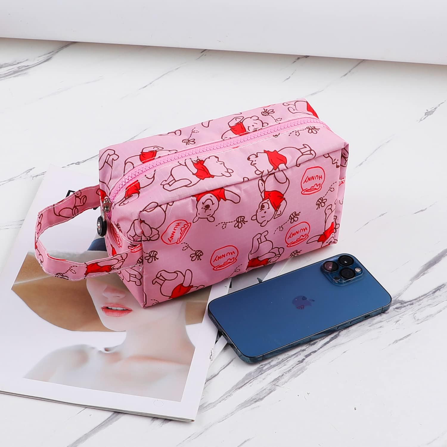 Bolsa de maquillaje de gatito de dibujos animados con cepillo de maquillaje, estuche de cosméticos de puntada de felpa, 8 piezas, bolsa de capacidad