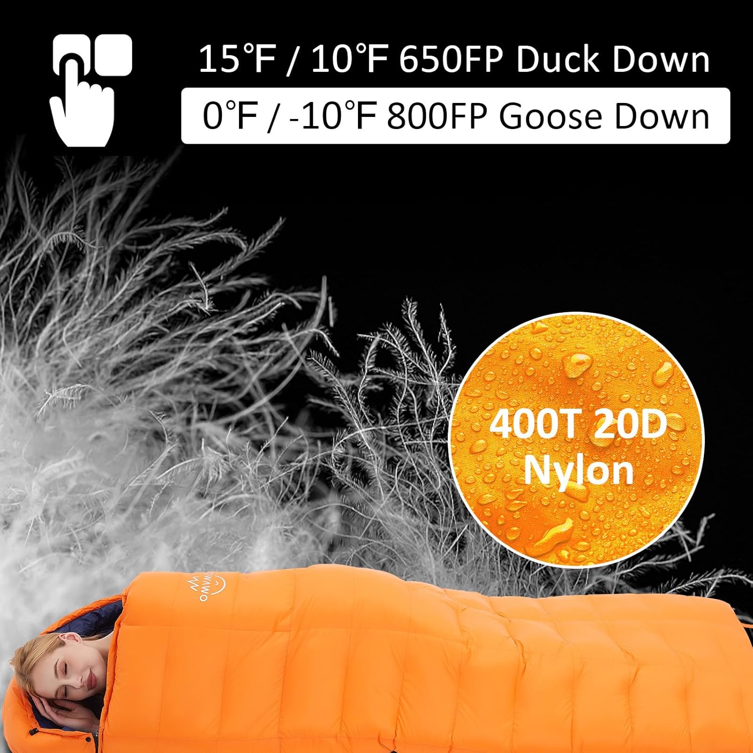 Saco de dormir de plumón de pato de 15F y 10F para adultos, potencia de relleno de 650, ultraligero para 4 estaciones, saco de dormir rectangular