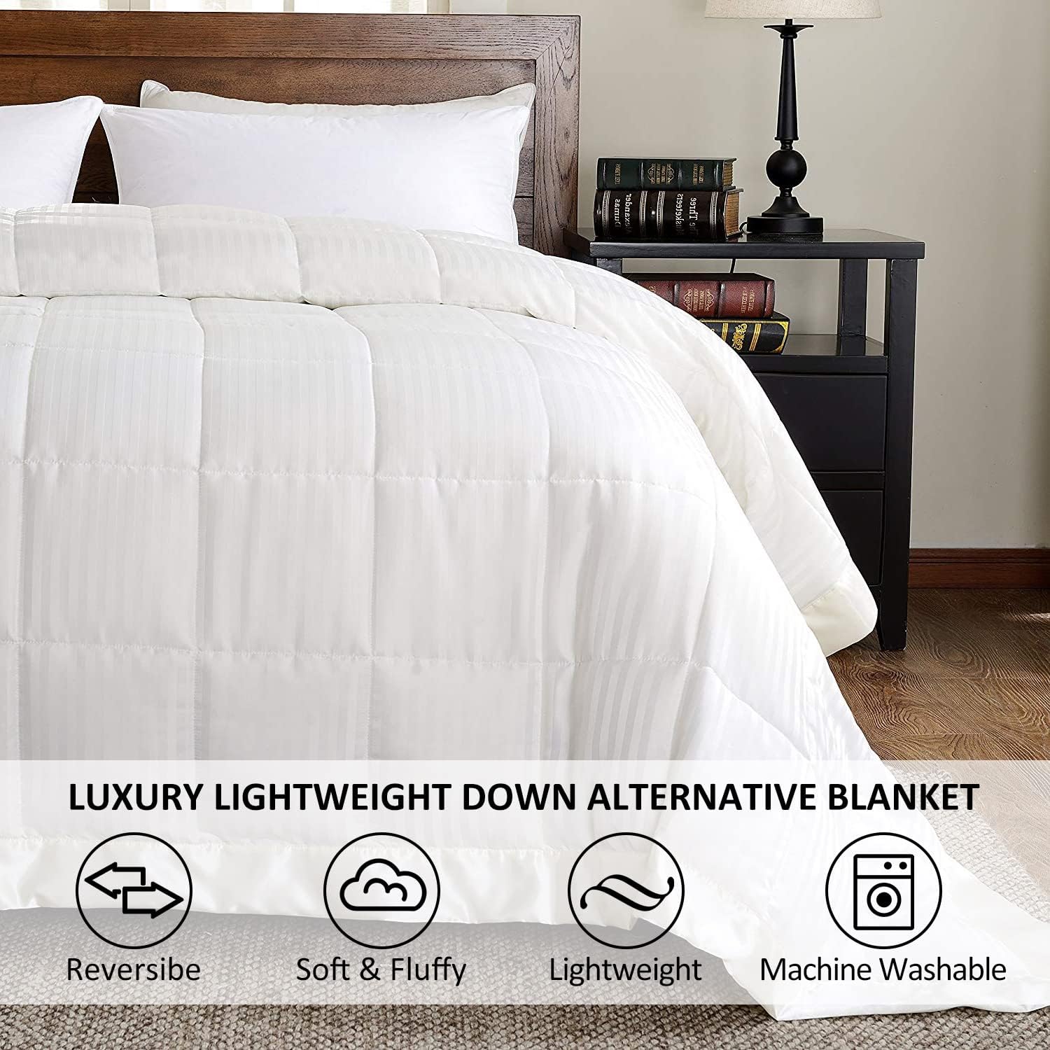 downluxe – Manta ligera de relleno alternativo y de tamaño Queen, con borde satinado, color marfil, 90 x 90 pulgadas
