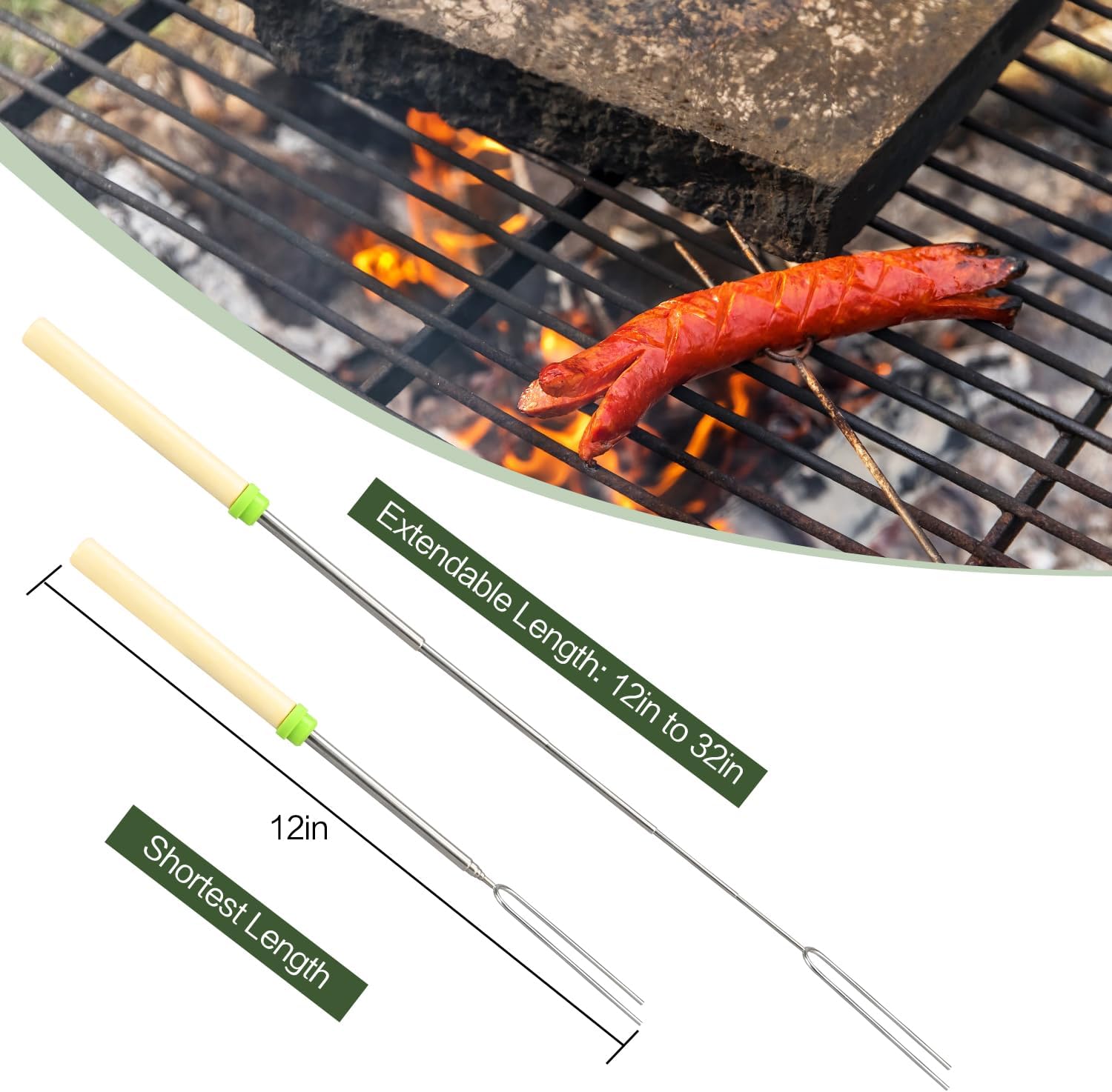 Juego de palitos para asar malvaviscos, paquete de 581224 pinchos extensibles de metal de 32 pulgadas de largo con mango de madera, para malvavisco,