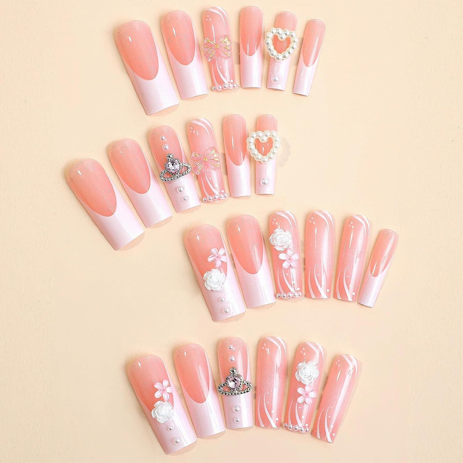 MISUD Uñas postizas cuadradas largas a presión, uñas postizas Squoval, uñas adhesivas brillantes, uñas acrílicas blancas con punta francesa, uñas