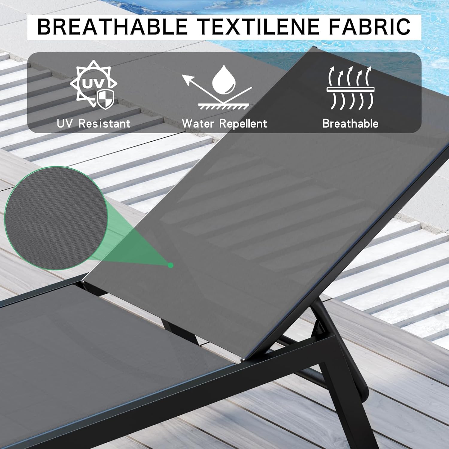 Juego de 2 tumbonas de aluminio para exteriores, sillas reclinables de textileno transpirables para patio, sillón reclinable con 5 respaldos