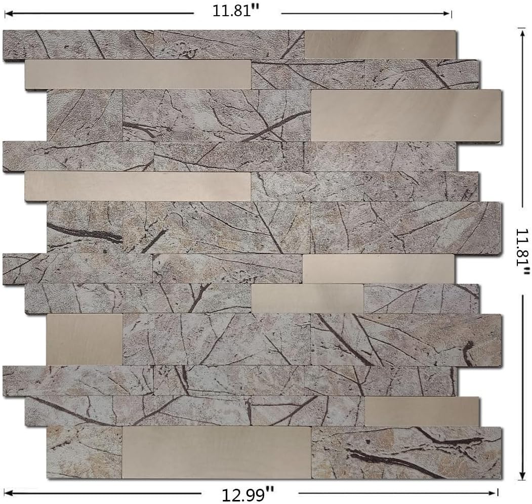 XUANINY 10 hojas de azulejos metálicos para salpicaduras en muro, autoadhesivas, aluminio 3D, paneles de pared para cocina, baño, dormitorio, sala