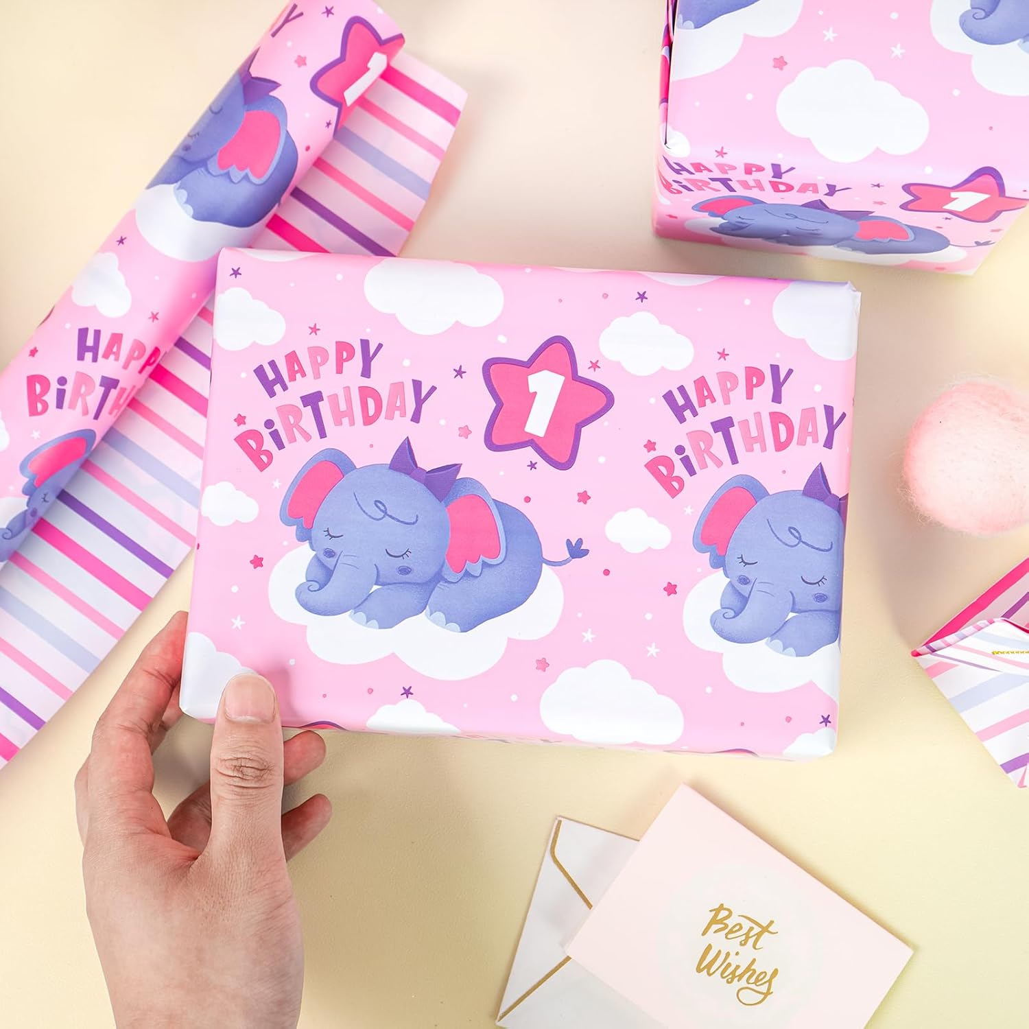 WRAPAHOLIC Papel de regalo reversible de primer cumpleaños, mini rollo, 17 pulgadas x 33 pies, adorable diseño de elefante de feliz cumpleaños para