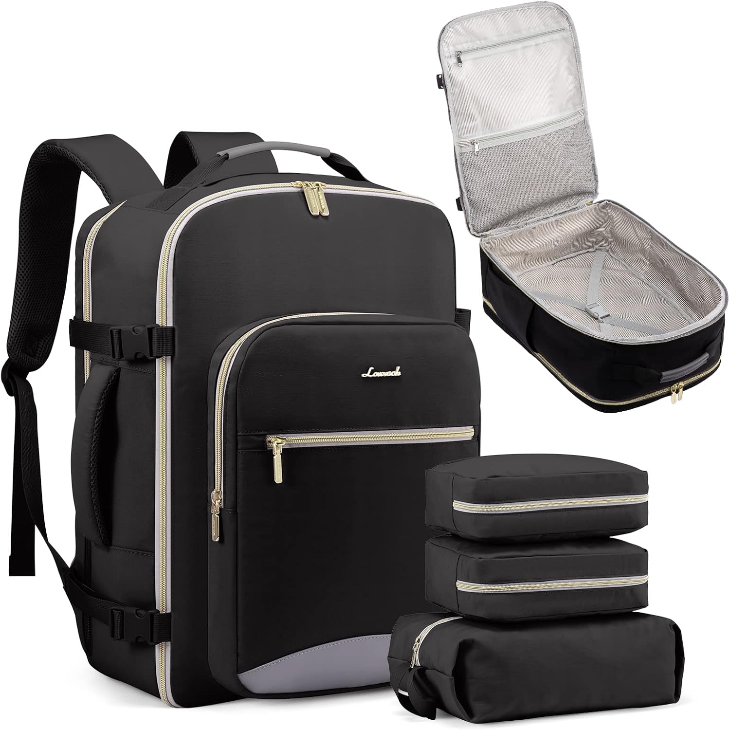 LOVEVOOK Mochila de viaje para mujeres y hombres como artículo personal aprobado por vuelo, equipaje de 40 L, Negro –