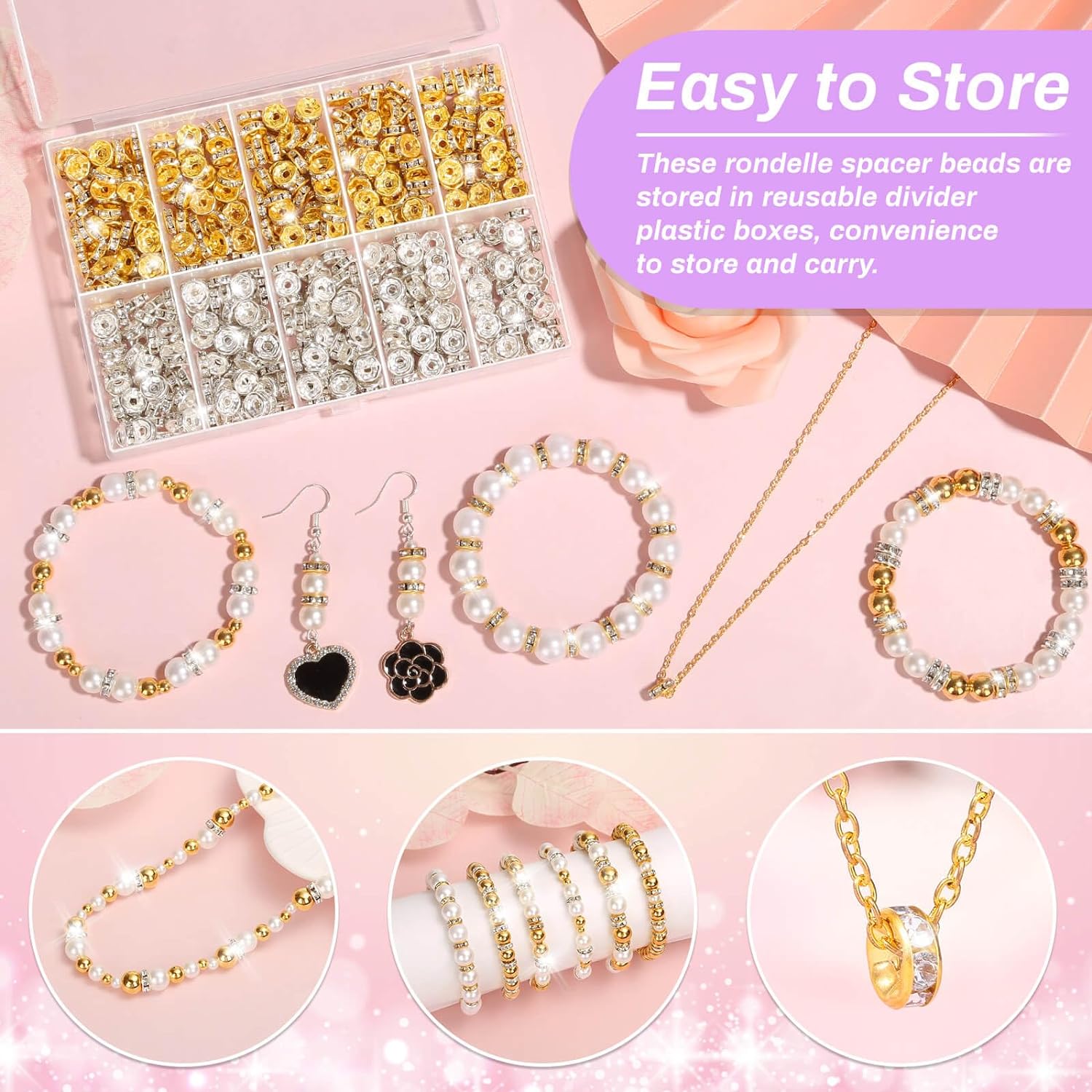 Rondelle – Cuentas espaciadoras para hacer joyas, 600 cuentas espaciadoras de diamantes de imitación para pulseras, cuentas focales para bolígrafos