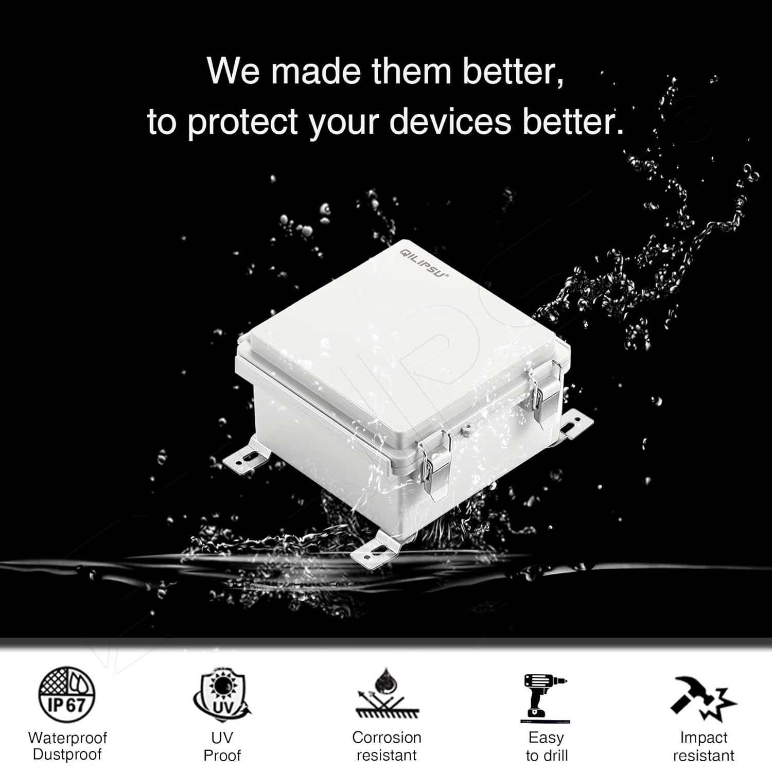 QILIPSU – Caja de conexiones de acero inoxidable con tapa, bisagras y placa de montaje, universal, impermeable IP67, plástico ABS, gris, recinto