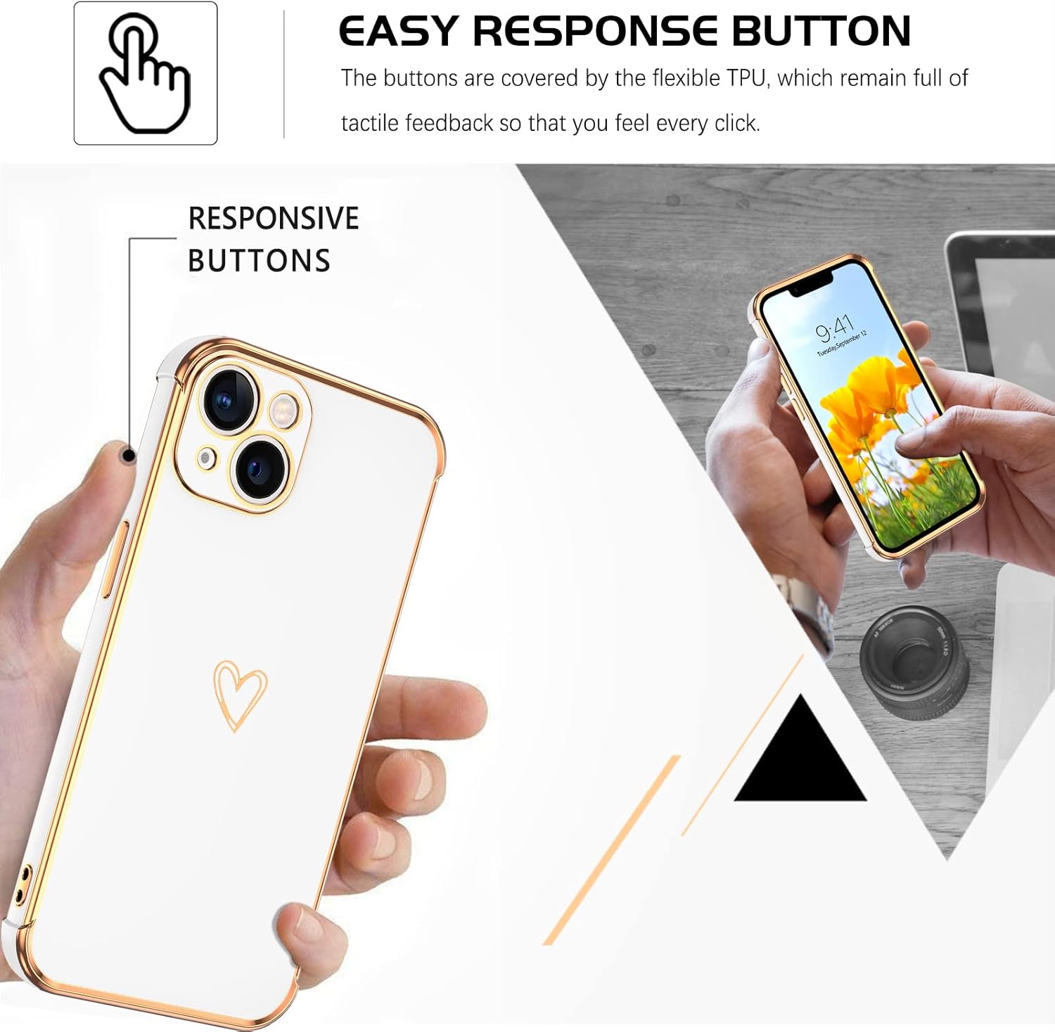 DOMAVER Funda para iPhone 13, diseño de corazón dorado de lujo para mujeres y niñas, protector completo de cámara a prueba de golpes, cubierta