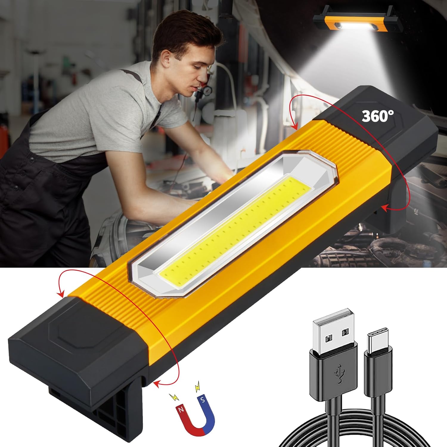 Luz de trabajo recargable debajo del capó, luz de trabajo magnética de 2800 lúmenes con soporte de 90, luces de trabajo COB giratorias de 360 con
